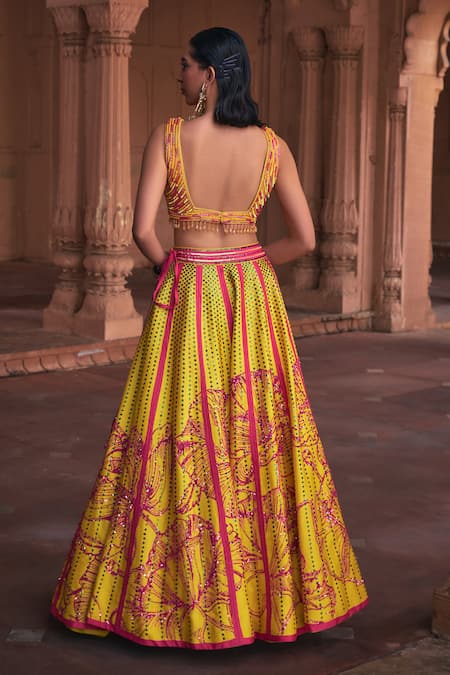 Shop Diyarajvvir Yellow Silk, Tulle Sequins, Beads, Cut Zinnia Fleur Embroidered Lehenga Set at Aza Fashions Shop_Diyarajvvir_Yellow Silk, Tulle Sequins, Beads, Cut Zinnia Fleur Embroidered Lehenga Set _at_Aza_Fashions