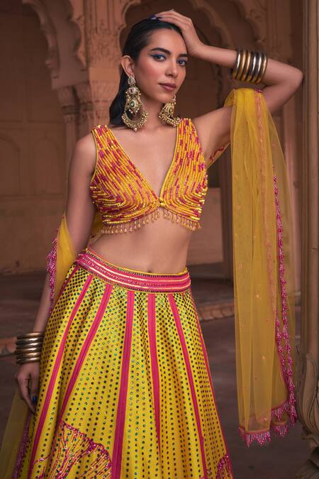 Diyarajvvir Yellow Silk, Tulle Sequins, Beads, Cut Zinnia Fleur Embroidered Lehenga Set Online at Aza Fashions Diyarajvvir_Yellow Silk, Tulle Sequins, Beads, Cut Zinnia Fleur Embroidered Lehenga Set _Online_at_Aza_Fashions