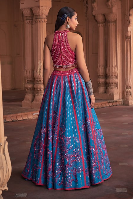 Shop Diyarajvvir Blue Tulle, Silk Beads, Sequins Halter Orchid Fleur Embroidered Lehenga Set at Aza Fashions Shop_Diyarajvvir_Blue Tulle, Silk Beads, Sequins Halter Orchid Fleur Embroidered Lehenga Set _at_Aza_Fashions