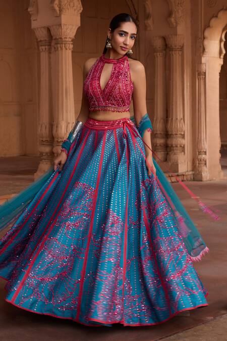 Diyarajvvir Blue Tulle, Silk Beads, Sequins Halter Orchid Fleur Embroidered Lehenga Set Online at Aza Fashions Diyarajvvir_Blue Tulle, Silk Beads, Sequins Halter Orchid Fleur Embroidered Lehenga Set _Online_at_Aza_Fashions