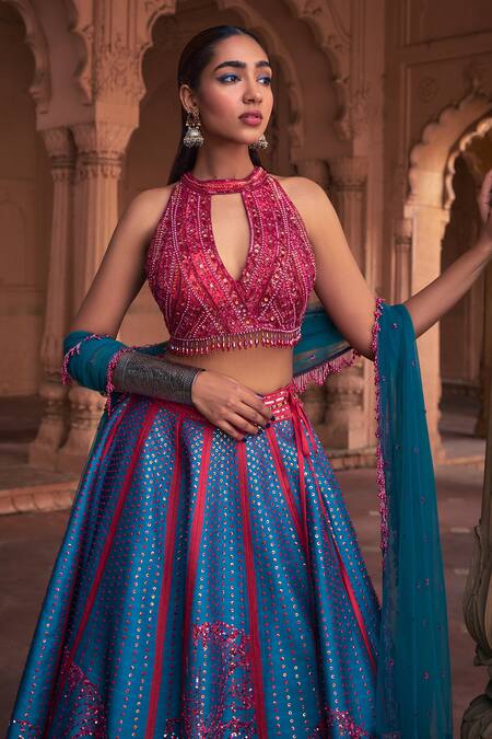 Buy Diyarajvvir Blue Tulle, Silk Beads, Sequins Halter Orchid Fleur Embroidered Lehenga Set Online at Aza Fashions Buy_Diyarajvvir_Blue Tulle, Silk Beads, Sequins Halter Orchid Fleur Embroidered Lehenga Set _Online_at_Aza_Fashions
