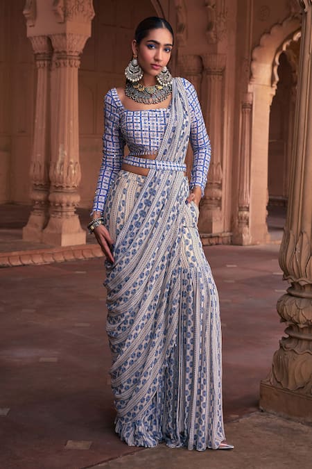 DiyaRajvvir Blue Crepe Print Phool Gul Square Neck Embellished Gharara Pant Saree Set