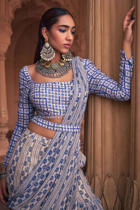 Diyarajvvir Blue Crepe, Georgette Mirrors Phool Gul Print Embellished Gharara Pant Saree Set Online at Aza Fashions Diyarajvvir_Blue Crepe, Georgette Mirrors Phool Gul Print Embellished Gharara Pant Saree Set _Online_at_Aza_Fashions