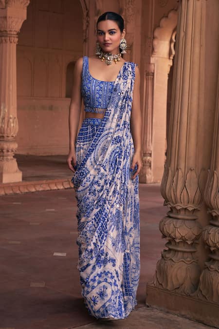 DiyaRajvvir Blue Crepe Print Gullista Scoop Neck Embellished Sharara Saree Set