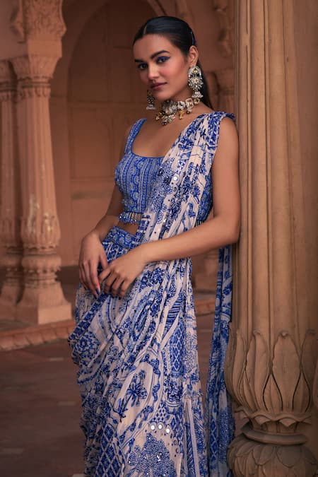 Diyarajvvir_Blue Crepe, Georgette Cut Work, Gullista Print Pre-draped Skirt Saree Set _Online_at_Aza_Fashions