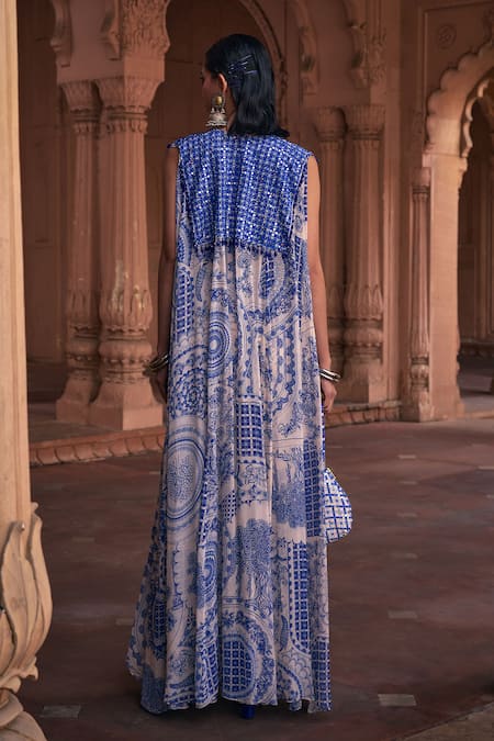 Shop Diyarajvvir Blue Round Neck Gulshan Print Cape And Pant Set at Aza Fashions Shop_Diyarajvvir_Blue Round Neck Gulshan Print Cape And Pant Set _at_Aza_Fashions