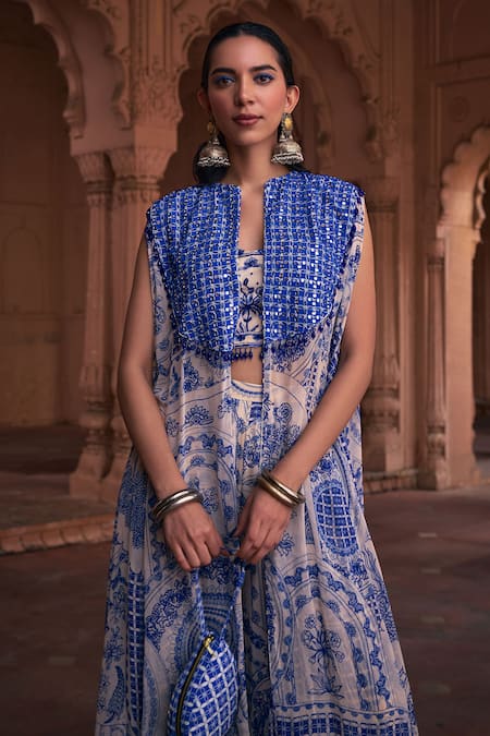 Diyarajvvir Blue Round Neck Gulshan Print Cape And Pant Set Online at Aza Fashions Diyarajvvir_Blue Round Neck Gulshan Print Cape And Pant Set _Online_at_Aza_Fashions
