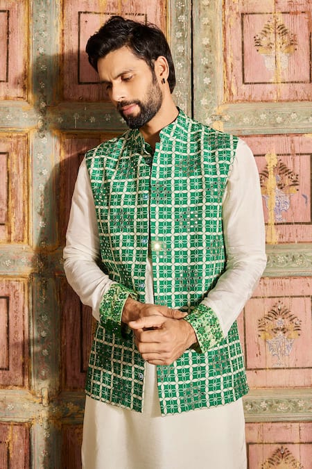 Shop Diyarajvvir Green Denim, Silk Mirrors Grid Pattern Embroidered Bundi Set at Aza Fashions Shop_Diyarajvvir_Green Denim, Silk Mirrors Grid Pattern Embroidered Bundi Set _at_Aza_Fashions
