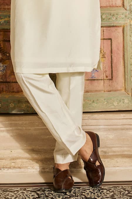 Diyarajvvir_White Denim, Silk Mirrors, Embroidery Cuff Sleeve Kurta And Pant Set _Online_at_Aza_Fashions