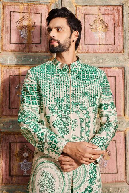 Shop_Diyarajvvir_Green Silk Mirrors Thikri Print Embroidered Sherwani And Pant Set _at_Aza_Fashions