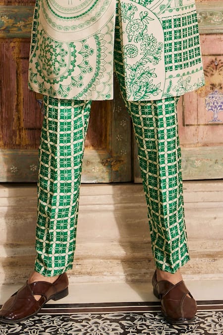 Diyarajvvir_Green Silk Mirrors Thikri Print Embroidered Sherwani And Pant Set _Online_at_Aza_Fashions
