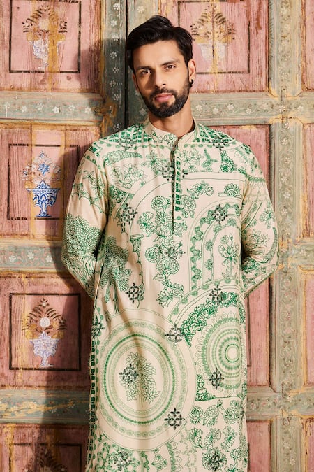Shop Diyarajvvir Green Denim Mirrors Thikri Print Embroidered Kurta And Pant Set at Aza Fashions Shop_Diyarajvvir_Green Denim Mirrors Thikri Print Embroidered Kurta And Pant Set _at_Aza_Fashions