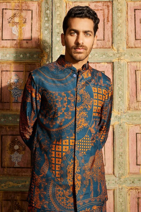 Shop Diyarajvvir Blue Denim, Silk Embroidery, Mirrors Thikri Print Bundi Kurta Set at Aza Fashions Shop_Diyarajvvir_Blue Denim, Silk Embroidery, Mirrors Thikri Print Bundi Kurta Set _at_Aza_Fashions