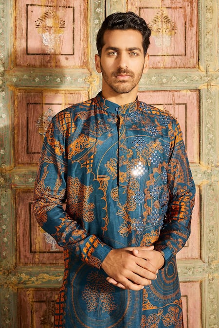 Shop Diyarajvvir Blue Denim Mirrors, Zari Thikri Print Kurta And Pant Set at Aza Fashions Shop_Diyarajvvir_Blue Denim Mirrors, Zari Thikri Print Kurta And Pant Set _at_Aza_Fashions