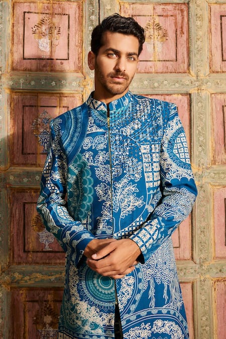 Shop Diyarajvvir Blue Silk, Denim Mirrors Thikri Print Sherwani And Pant Set at Aza Fashions Shop_Diyarajvvir_Blue Silk, Denim Mirrors Thikri Print Sherwani And Pant Set _at_Aza_Fashions