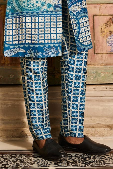 Diyarajvvir Blue Silk, Denim Mirrors Thikri Print Sherwani And Pant Set Online at Aza Fashions Diyarajvvir_Blue Silk, Denim Mirrors Thikri Print Sherwani And Pant Set _Online_at_Aza_Fashions