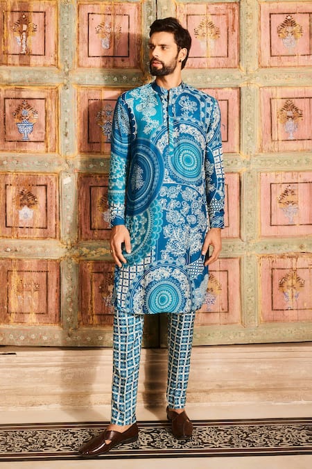 DiyaRajvvir Blue Dola Silk Printed Thikri Kurta And Pant Set