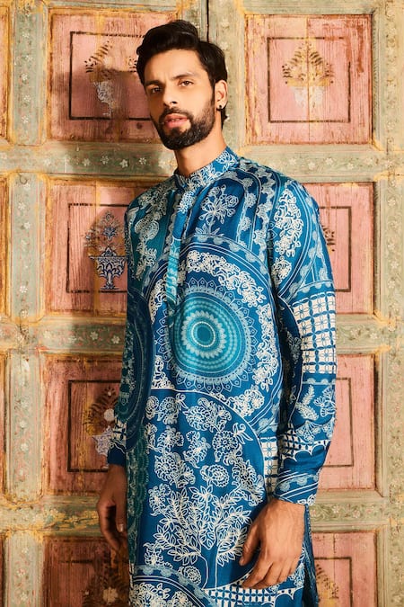 Shop Diyarajvvir Blue Denim, Silk Embroidery Thikri Print Kurta And Pant Set at Aza Fashions Shop_Diyarajvvir_Blue Denim, Silk Embroidery Thikri Print Kurta And Pant Set _at_Aza_Fashions