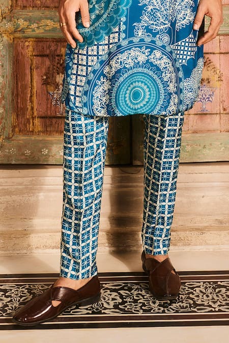 Diyarajvvir Blue Denim, Silk Embroidery Thikri Print Kurta And Pant Set Online at Aza Fashions Diyarajvvir_Blue Denim, Silk Embroidery Thikri Print Kurta And Pant Set _Online_at_Aza_Fashions