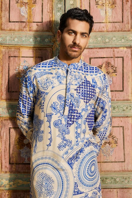 Shop Diyarajvvir Blue Denim, Silk Mirrors, Embroidery Straight Thikri Print Kurta And Pant Set at Aza Fashions Shop_Diyarajvvir_Blue Denim, Silk Mirrors, Embroidery Straight Thikri Print Kurta And Pant Set _at_Aza_Fashions