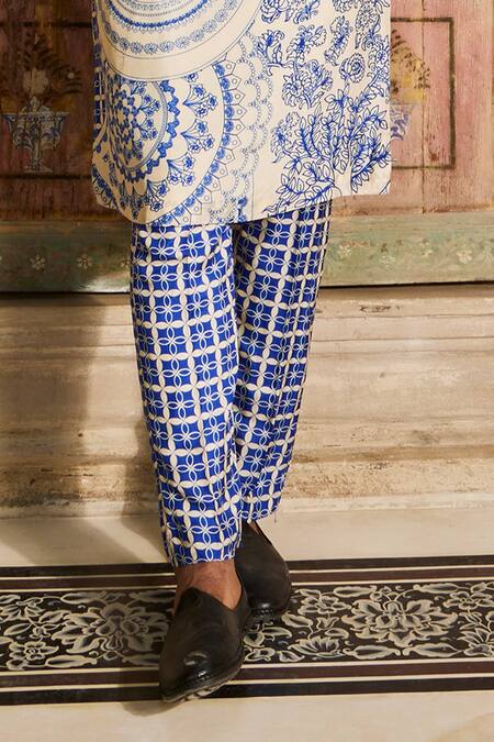 Diyarajvvir Blue Denim, Silk Mirrors, Embroidery Straight Thikri Print Kurta And Pant Set Online at Aza Fashions Diyarajvvir_Blue Denim, Silk Mirrors, Embroidery Straight Thikri Print Kurta And Pant Set _Online_at_Aza_Fashions