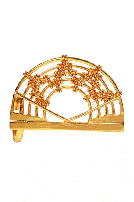 Shop_Itrana_Gold Plated Beads Half Crescent Carved Cutwork Ring _Online_at_Aza_Fashions