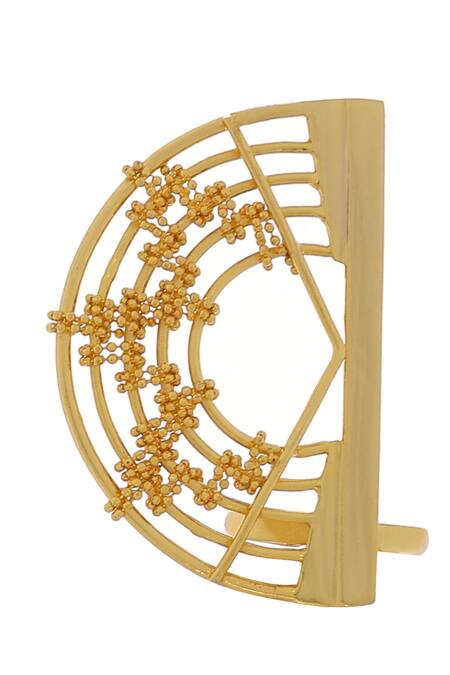 Itrana_Gold Plated Beads Half Crescent Carved Cutwork Ring _at_Aza_Fashions