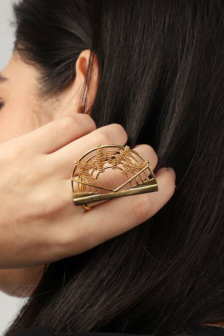 Buy_Itrana_Gold Plated Beads Half Crescent Carved Cutwork Ring 