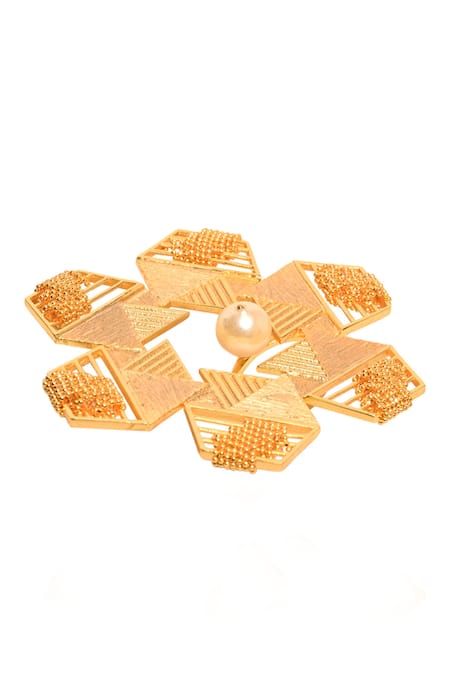 Buy_Itrana_Gold Plated Beads Hexagon Carved Cutwork Ring _Online_at_Aza_Fashions