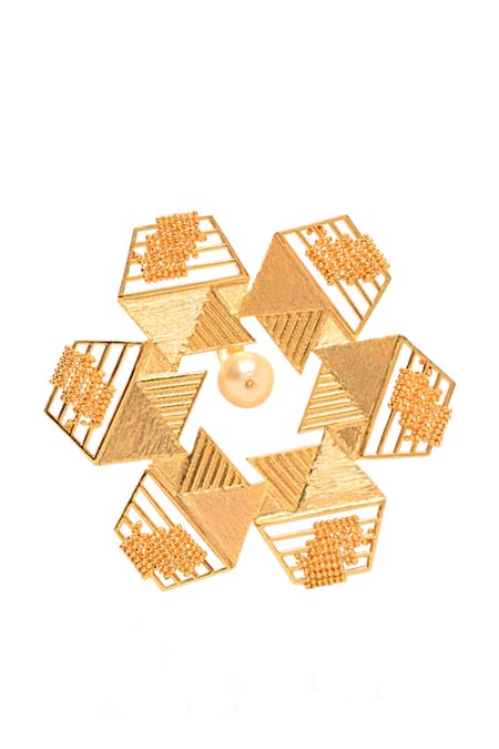 Shop_Itrana_Gold Plated Beads Hexagon Carved Cutwork Ring _Online_at_Aza_Fashions