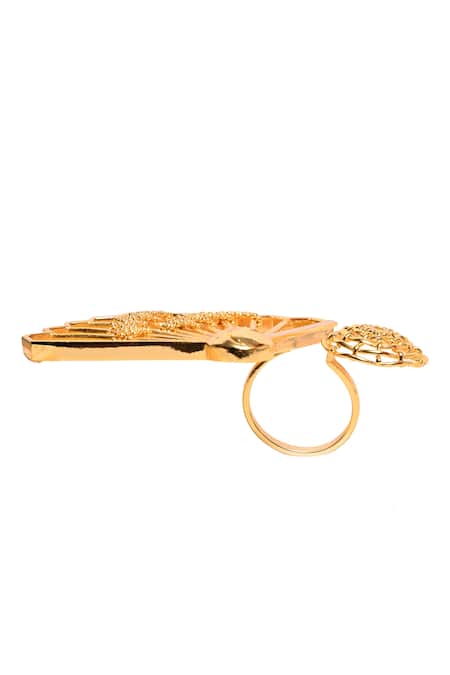 Itrana_Gold Plated Beads Cutwork Fan Double Motif Ring _Online_at_Aza_Fashions