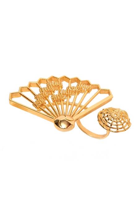 Buy_Itrana_Gold Plated Beads Cutwork Fan Double Motif Ring _Online_at_Aza_Fashions