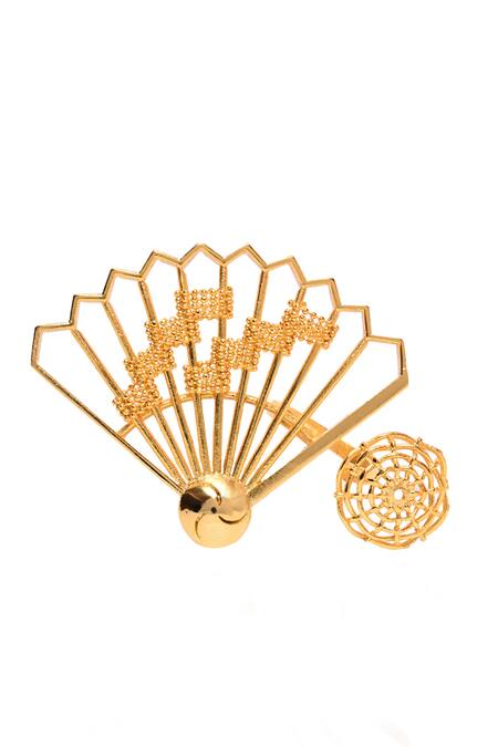Shop_Itrana_Gold Plated Beads Cutwork Fan Double Motif Ring _Online_at_Aza_Fashions