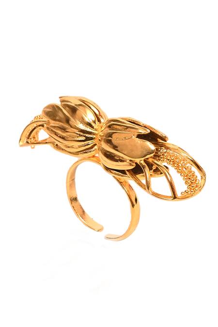 Buy_Itrana_Gold Plated Beads Flower Carved Cutwork Ring _Online_at_Aza_Fashions
