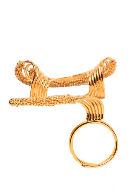 Itrana_Gold Plated Beads Geometric Cutwork Carved Ring _Online_at_Aza_Fashions