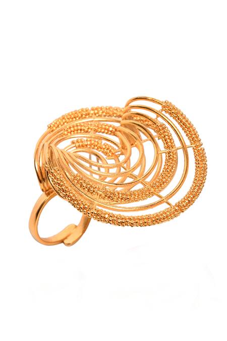 Shop_Itrana_Gold Plated Beads Geometric Cutwork Carved Ring _Online_at_Aza_Fashions