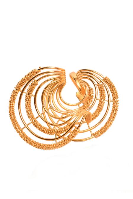 Itrana_Gold Plated Beads Geometric Cutwork Carved Ring _at_Aza_Fashions