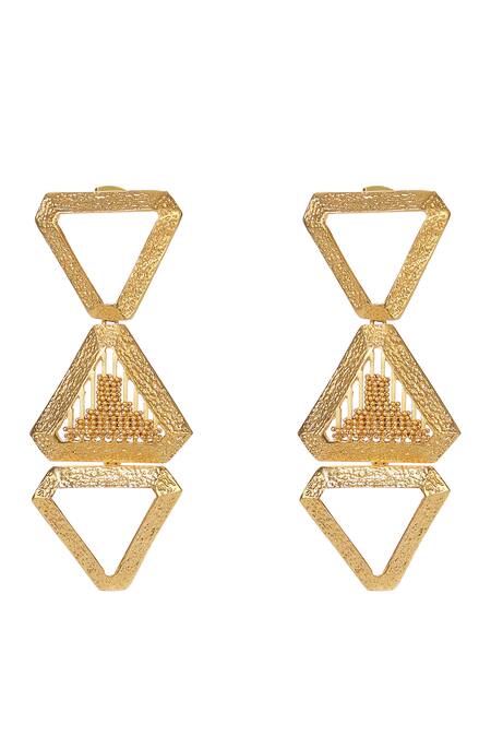 Itrana_Gold Plated Beads Triangle Carved Earrings _at_Aza_Fashions