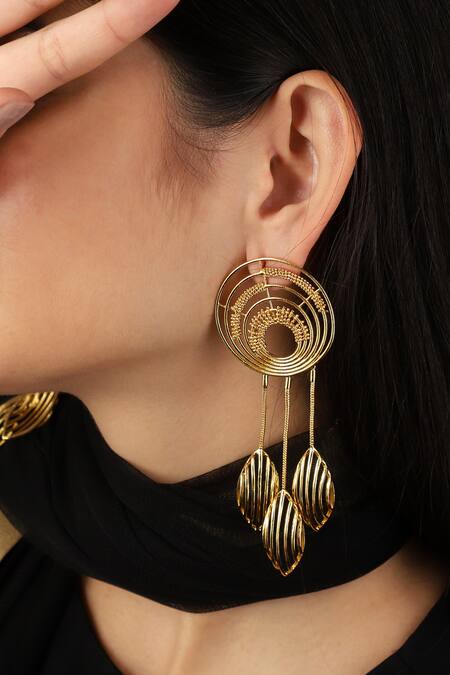 Itrana Gold Plated Beads Geometric Carved Cutwork Danglers at Aza Fashions Itrana_Gold Plated Beads Geometric Carved Cutwork Danglers _at_Aza_Fashions