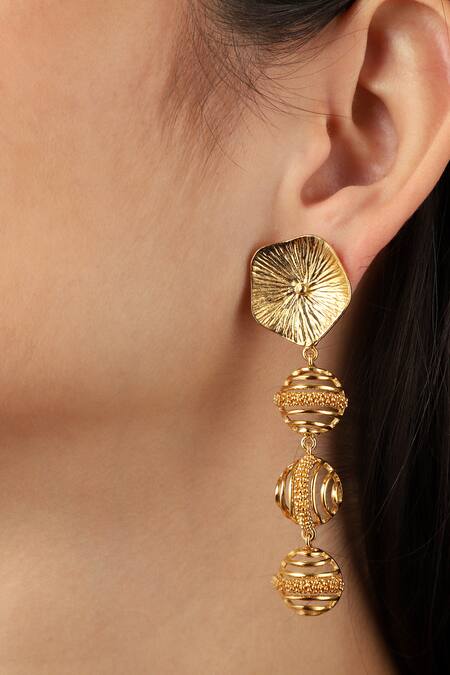 Itrana Gold Plated Studs Plume Ribbed Spheric Danglers at Aza Fashions Itrana_Gold Plated Studs Plume Ribbed Spheric Danglers _at_Aza_Fashions