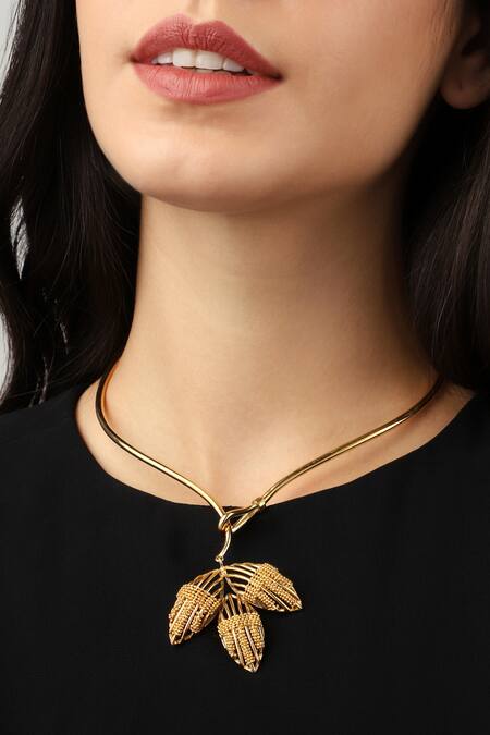 Itrana Gold Plated Glazing Leaf Flame Necklace at Aza Fashions Itrana_Gold Plated Glazing Leaf Flame Necklace _at_Aza_Fashions