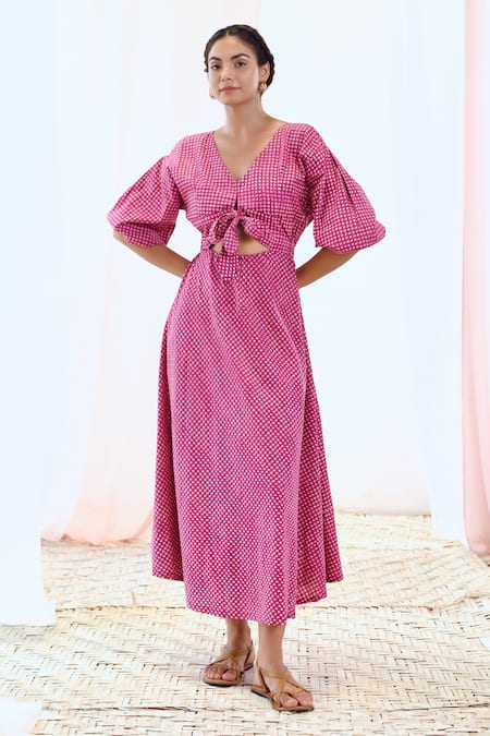 MoonTara Pink Cotton Printed Polka Dots V Neck Flared Dress  