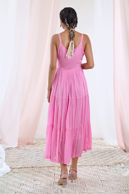 Shop Moontara Pink Cotton, Voile Scoop Neck Solid Gathered And Tiered Dress at Aza Fashions Shop_Moontara_Pink Cotton, Voile Scoop Neck Solid Gathered And Tiered Dress _at_Aza_Fashions