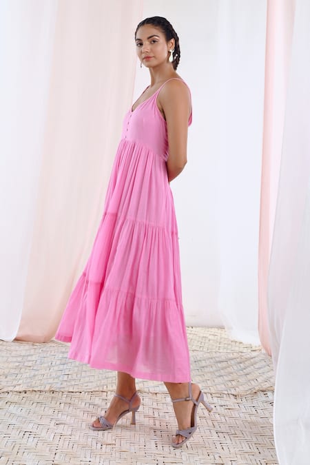 Moontara Pink Cotton, Voile Scoop Neck Solid Gathered And Tiered Dress Online at Aza Fashions Moontara_Pink Cotton, Voile Scoop Neck Solid Gathered And Tiered Dress _Online_at_Aza_Fashions