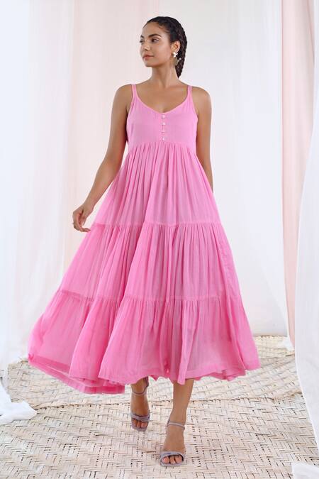 Buy Moontara Pink Cotton, Voile Scoop Neck Solid Gathered And Tiered Dress Online at Aza Fashions Buy_Moontara_Pink Cotton, Voile Scoop Neck Solid Gathered And Tiered Dress _Online_at_Aza_Fashions