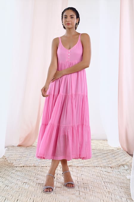 Shop Moontara Pink Cotton, Voile Scoop Neck Solid Gathered And Tiered Dress Online at Aza Fashions Shop_Moontara_Pink Cotton, Voile Scoop Neck Solid Gathered And Tiered Dress _Online_at_Aza_Fashions