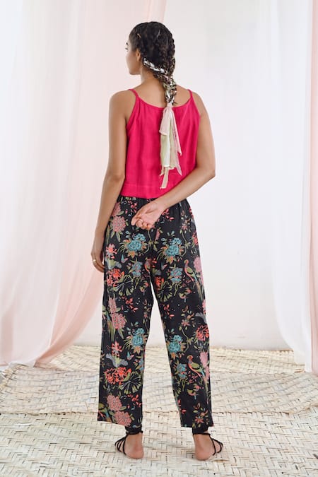 Shop Moontara Black Cotton Embroidery V-, Round Floral Print Jacket Pant Set at Aza Fashions Shop_Moontara_Black Cotton Embroidery V-, Round Floral Print Jacket Pant Set _at_Aza_Fashions