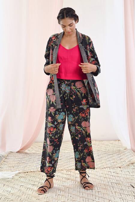 Shop Moontara Black Cotton Embroidery V-, Round Floral Print Jacket Pant Set Online at Aza Fashions Shop_Moontara_Black Cotton Embroidery V-, Round Floral Print Jacket Pant Set _Online_at_Aza_Fashions