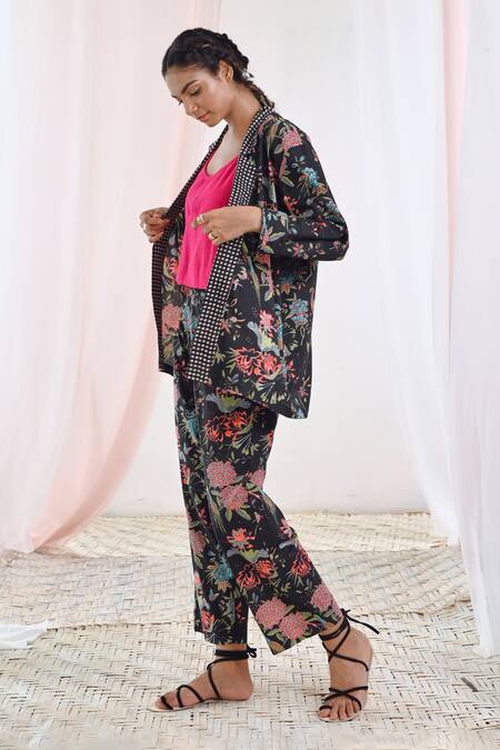 Moontara Black Cotton Embroidery V-, Round Floral Print Jacket Pant Set at Aza Fashions Moontara_Black Cotton Embroidery V-, Round Floral Print Jacket Pant Set _at_Aza_Fashions