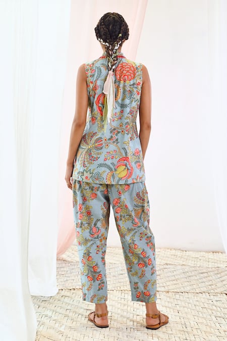 Shop Moontara Blue Cotton Embroidery V-neck Floral Print Jacket And Pant Set at Aza Fashions Shop_Moontara_Blue Cotton Embroidery V-neck Floral Print Jacket And Pant Set _at_Aza_Fashions